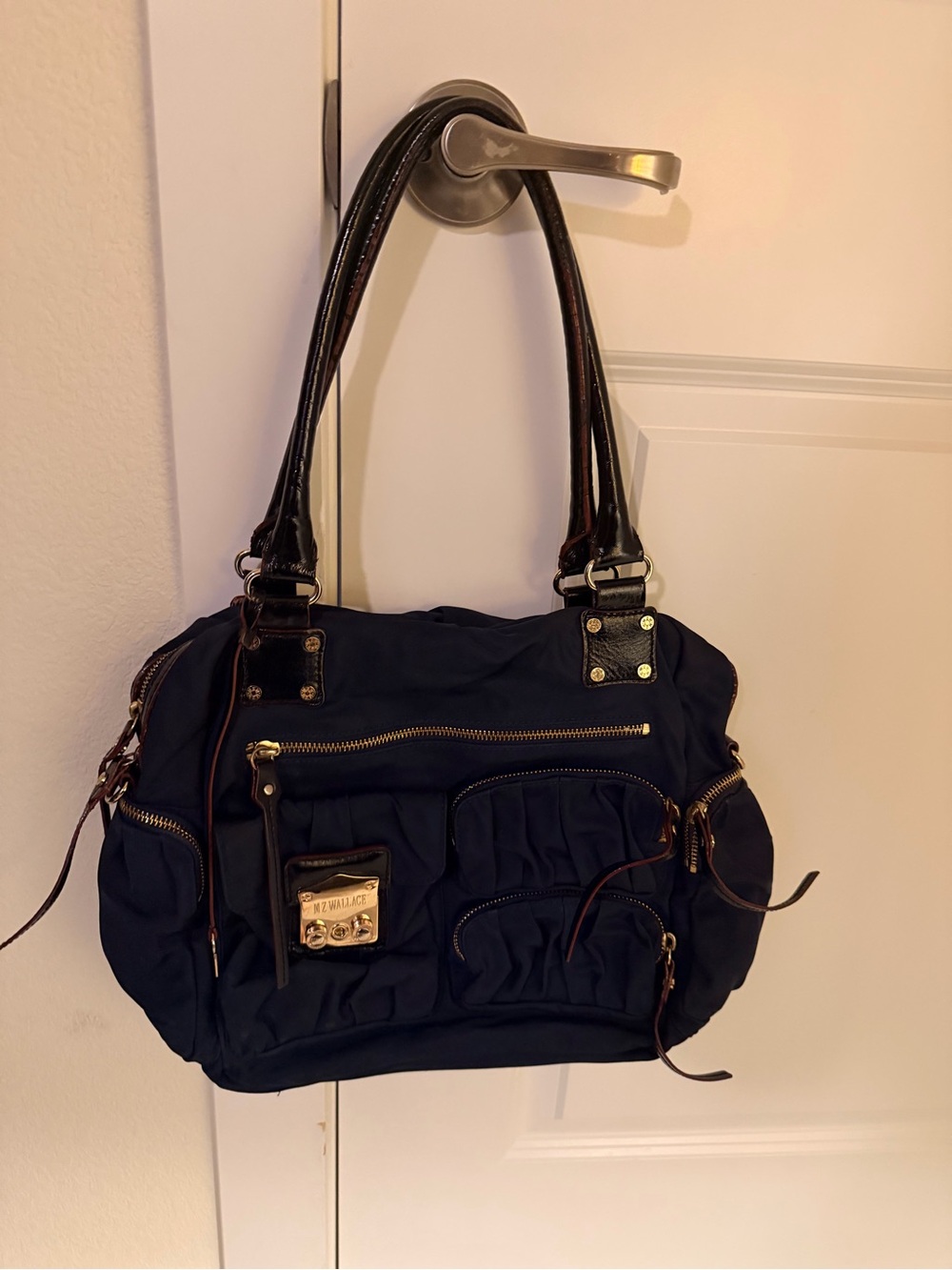 MZ Wallace Classic Navy Nylon Shoulder Bag with Brown Leather Trim